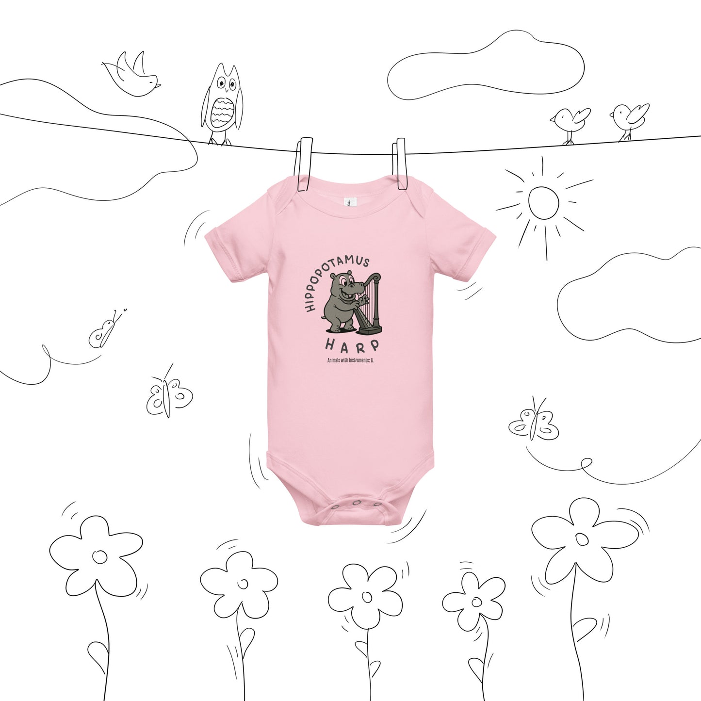 Hippopotamus / Harp -- "Animals with Instruments" Baby One-piece