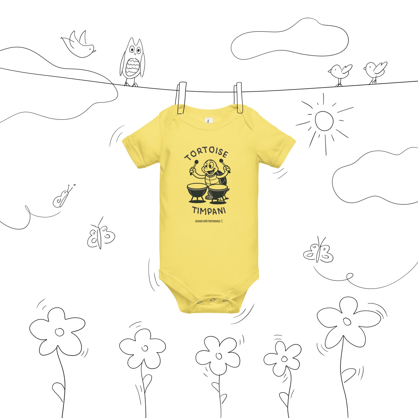 Tortoise / Timpani -- "Animals with Instruments" Baby One-piece