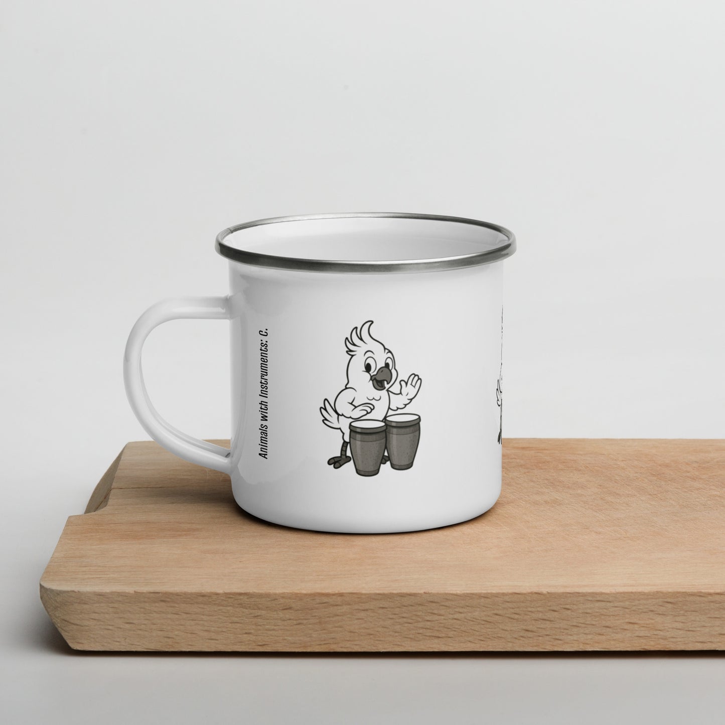 Cockatoo / Congas -- "Animals with Instruments" Enamel Mug, 12 oz