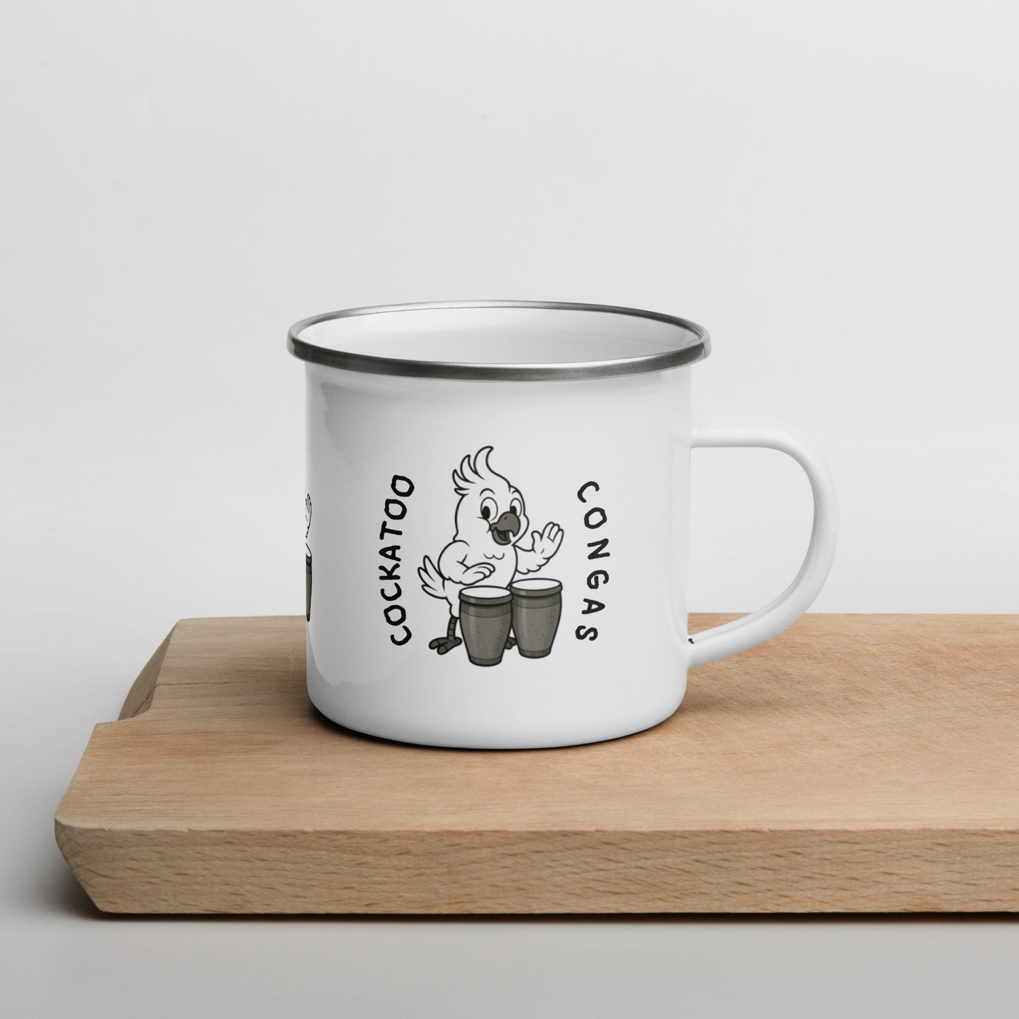 Cockatoo / Congas -- "Animals with Instruments" Enamel Mug, 12 oz
