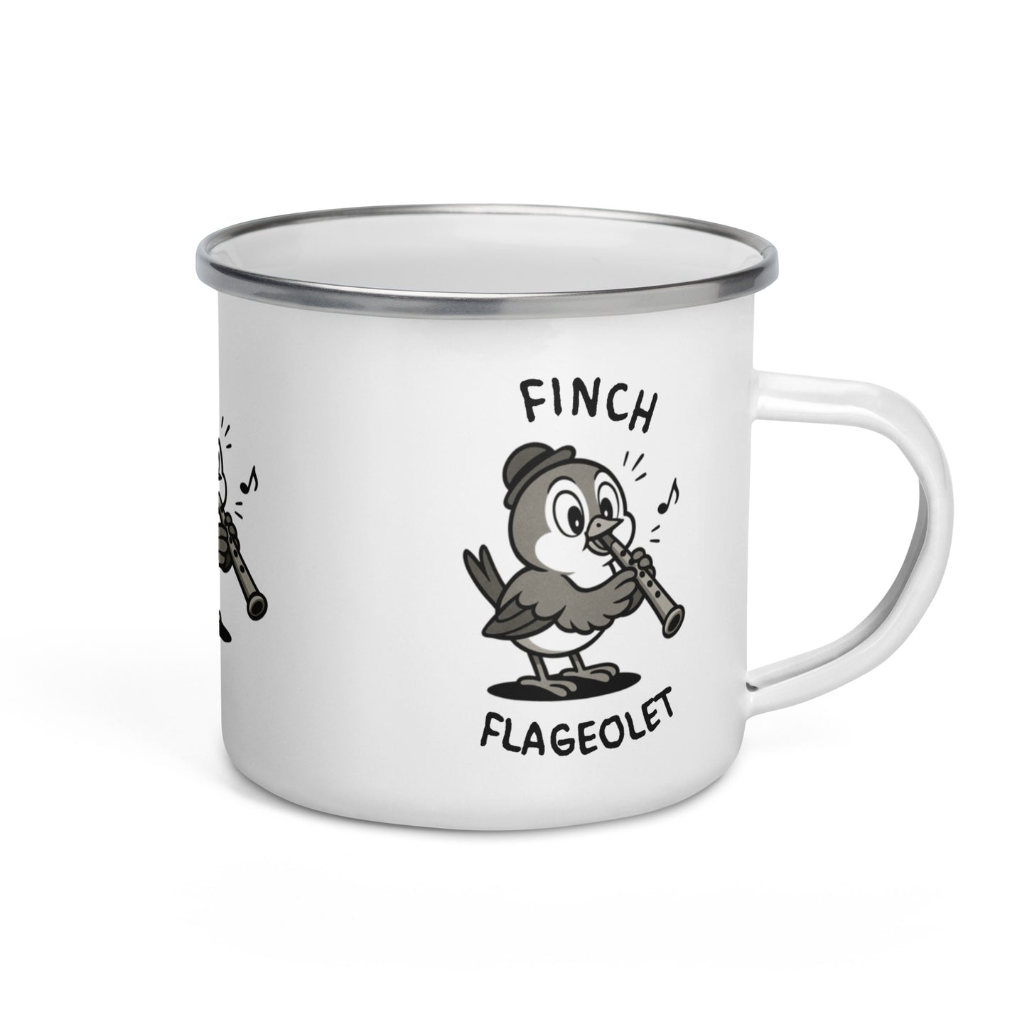 Finch / Flageolet -- "Animals with Instruments" Enamel Mug, 12 oz