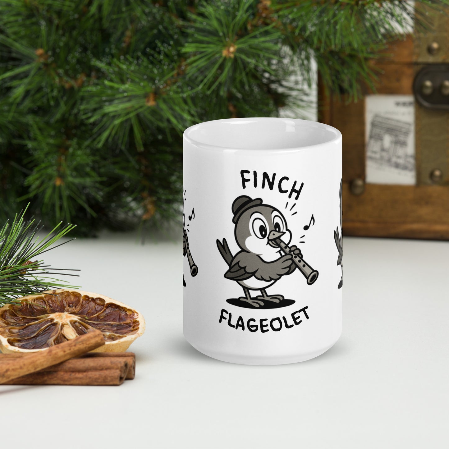 Finch / Flageolet -- "Animals with Instruments" Ceramic Mug, 15 oz