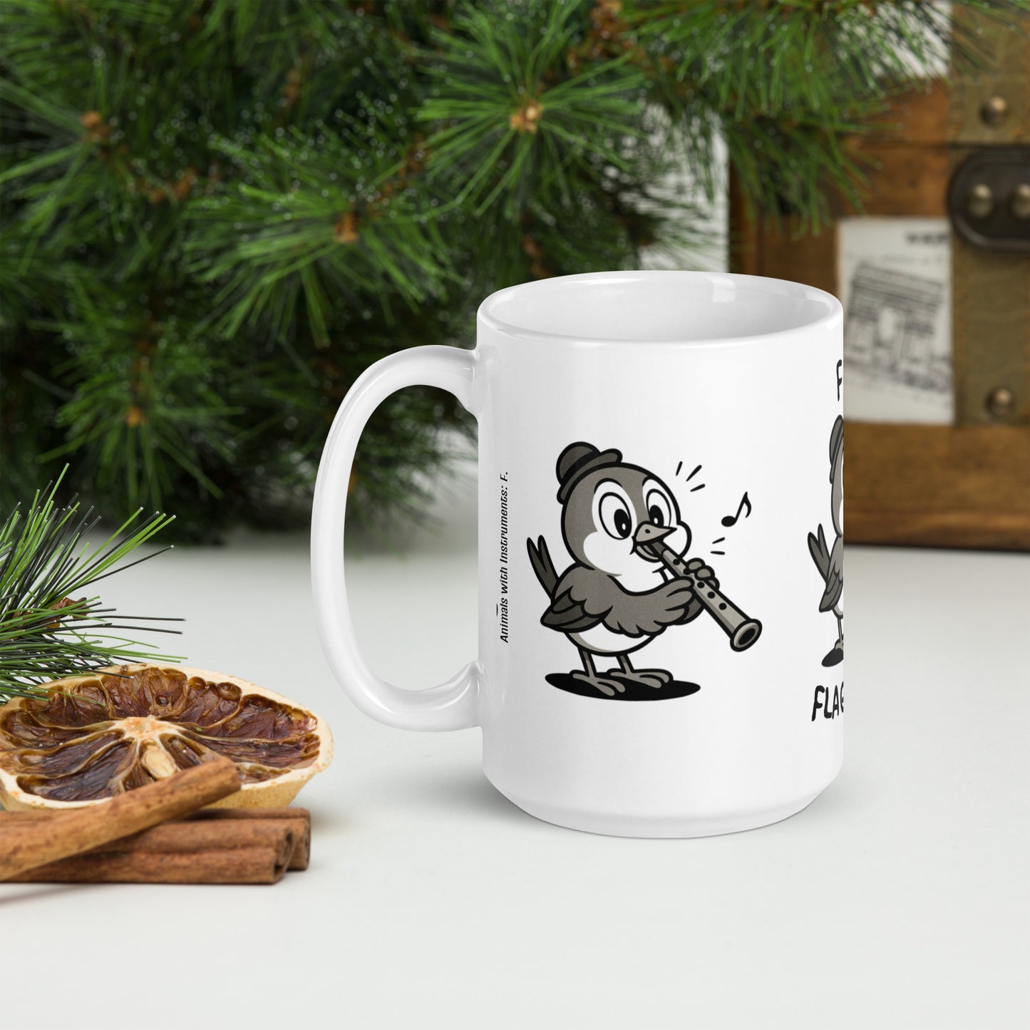 Finch / Flageolet -- "Animals with Instruments" Ceramic Mug, 15 oz