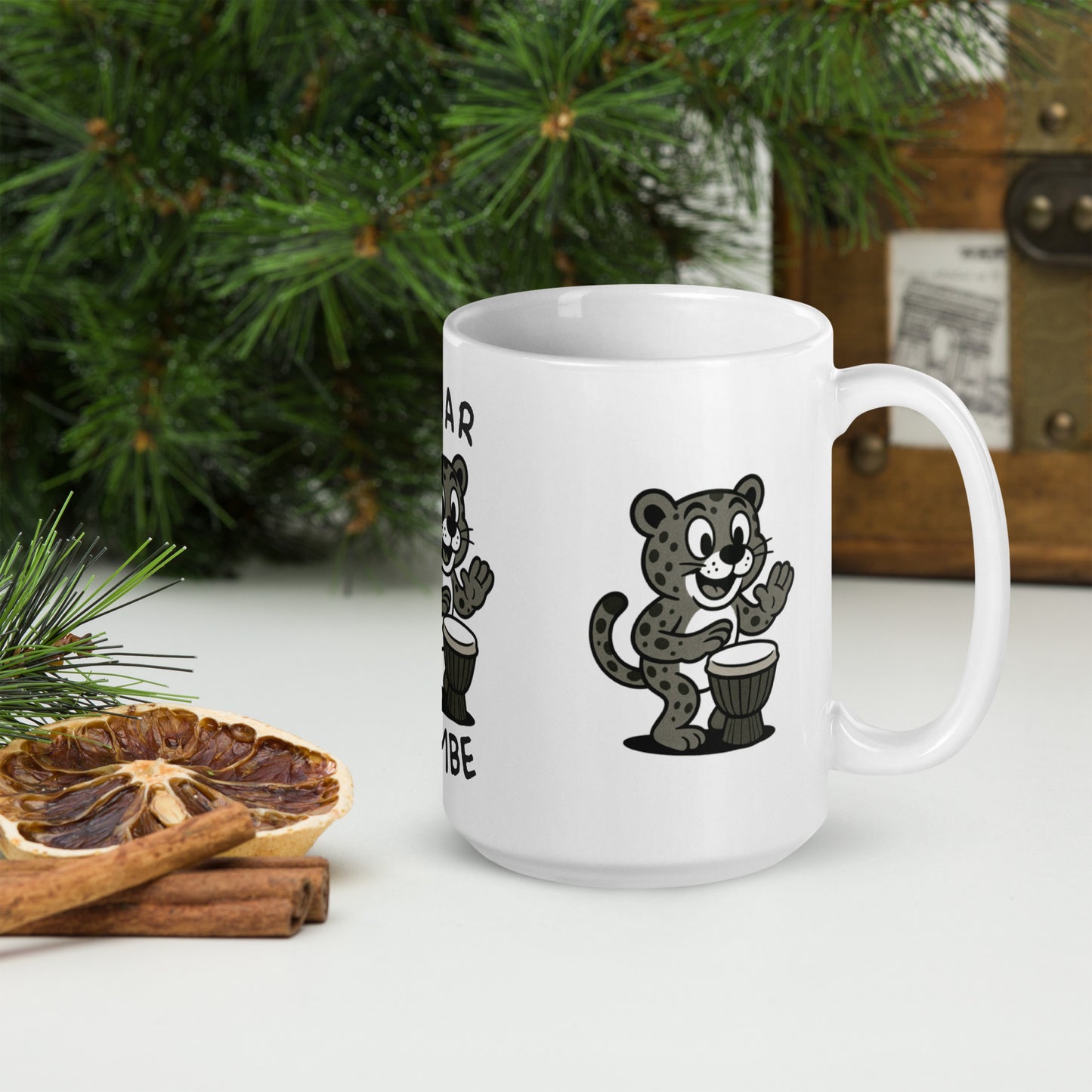 Jaguar / Jembe -- "Animals with Instruments" Ceramic Mug, 15 oz