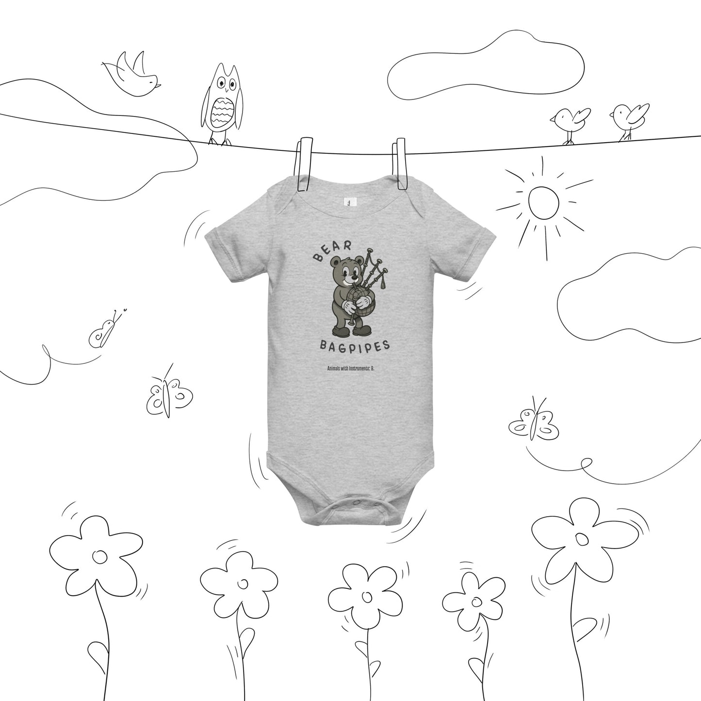 Bear / Bagpipes -- "Animals with Instruments" Baby One-piece
