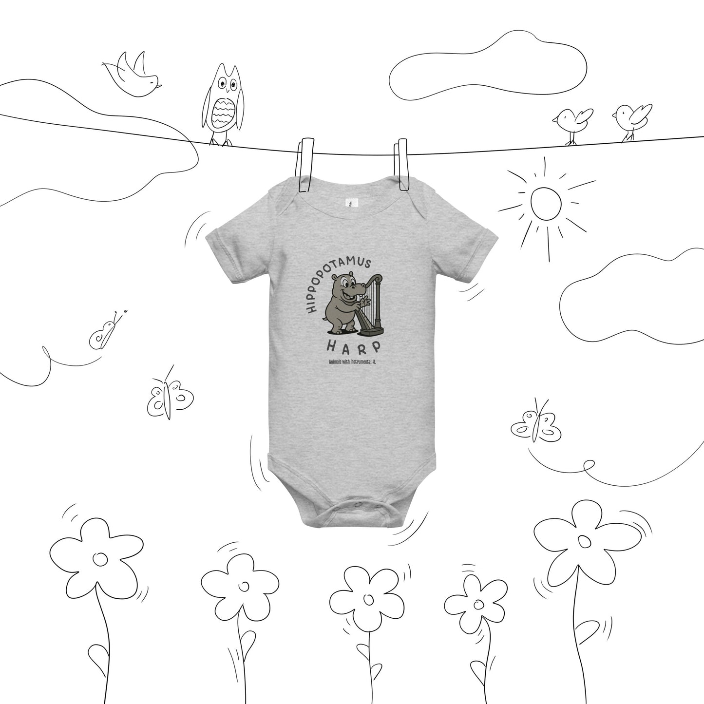 Hippopotamus / Harp -- "Animals with Instruments" Baby One-piece