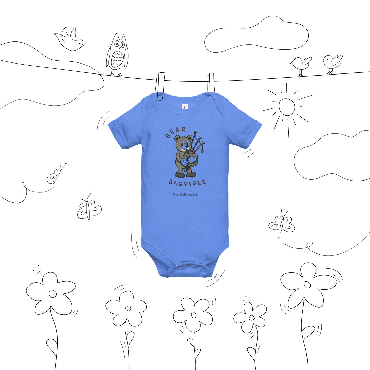 Bear / Bagpipes -- "Animals with Instruments" Baby One-piece