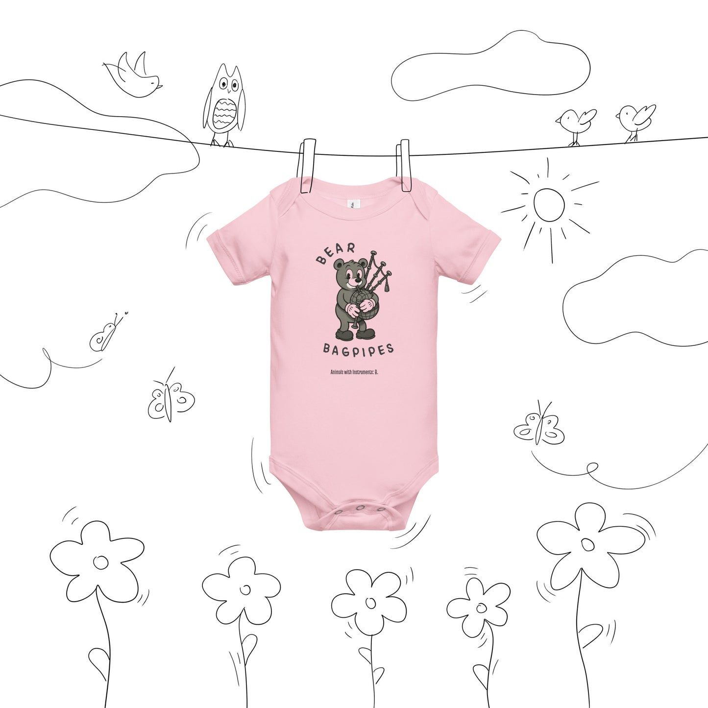 Bear / Bagpipes -- "Animals with Instruments" Baby One-piece