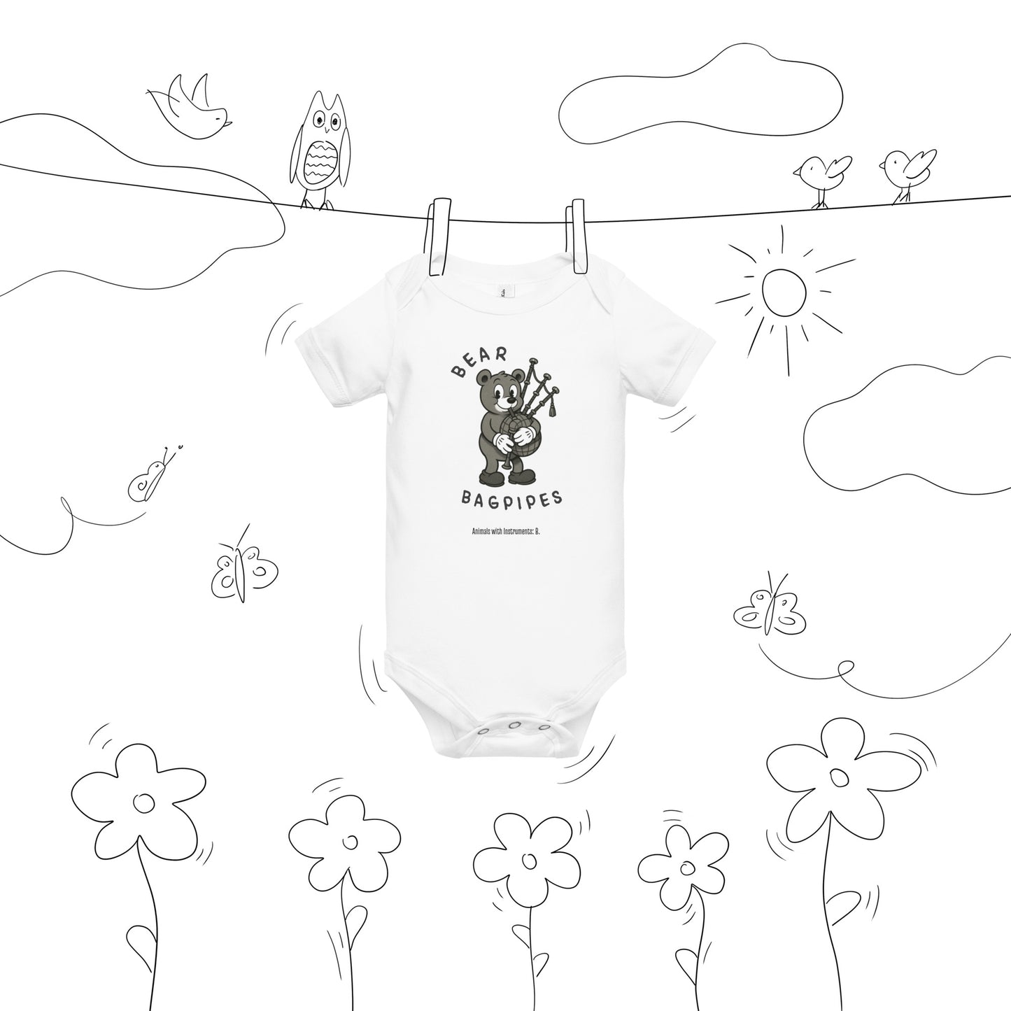 Bear / Bagpipes -- "Animals with Instruments" Baby One-piece