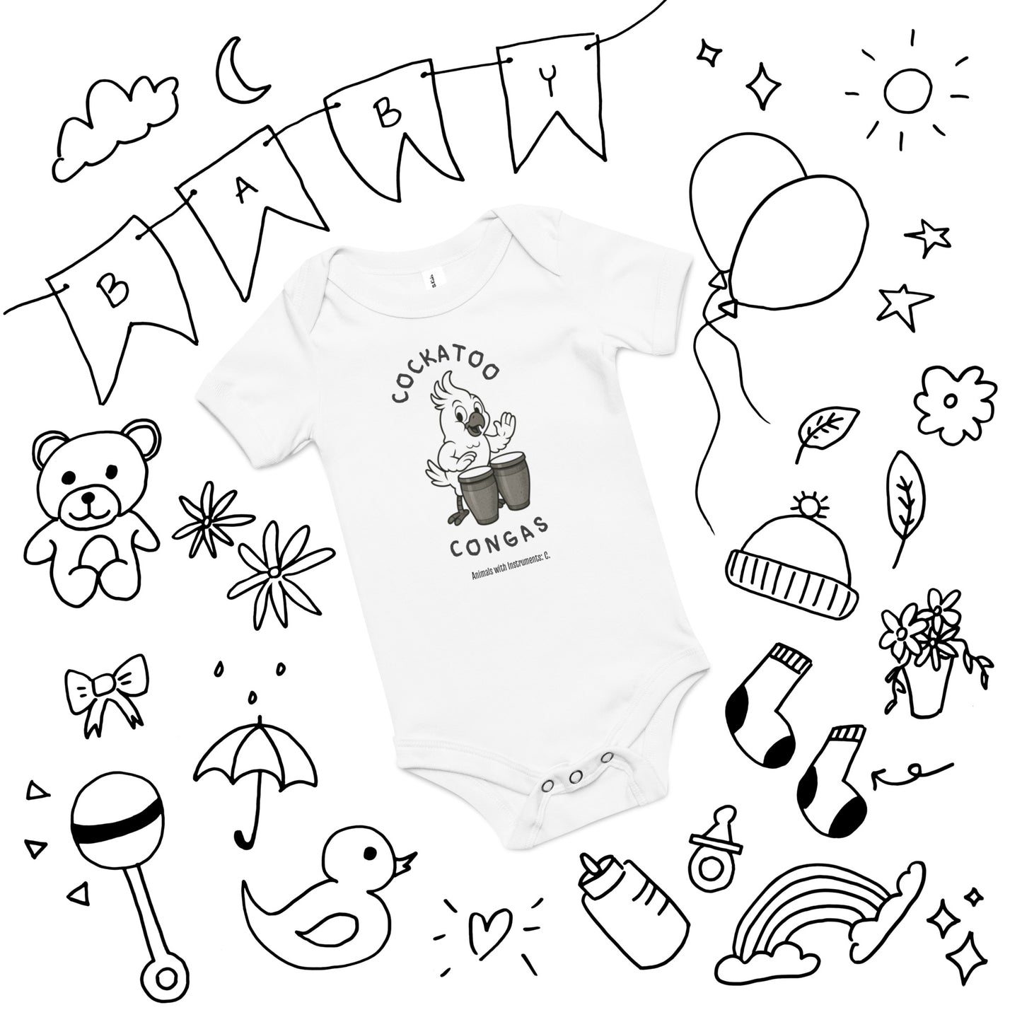 Cockatoo / Congas -- "Animals with Instruments" Baby One-piece