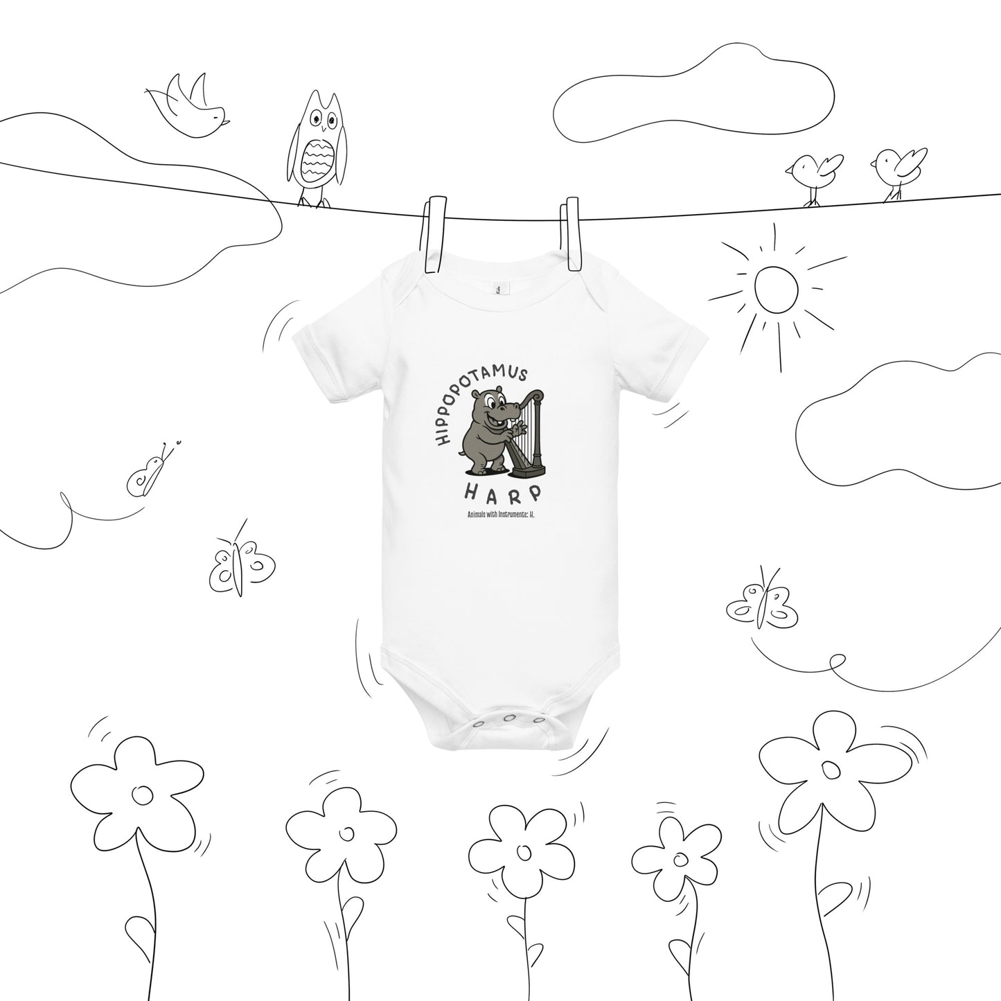Hippopotamus / Harp -- "Animals with Instruments" Baby One-piece