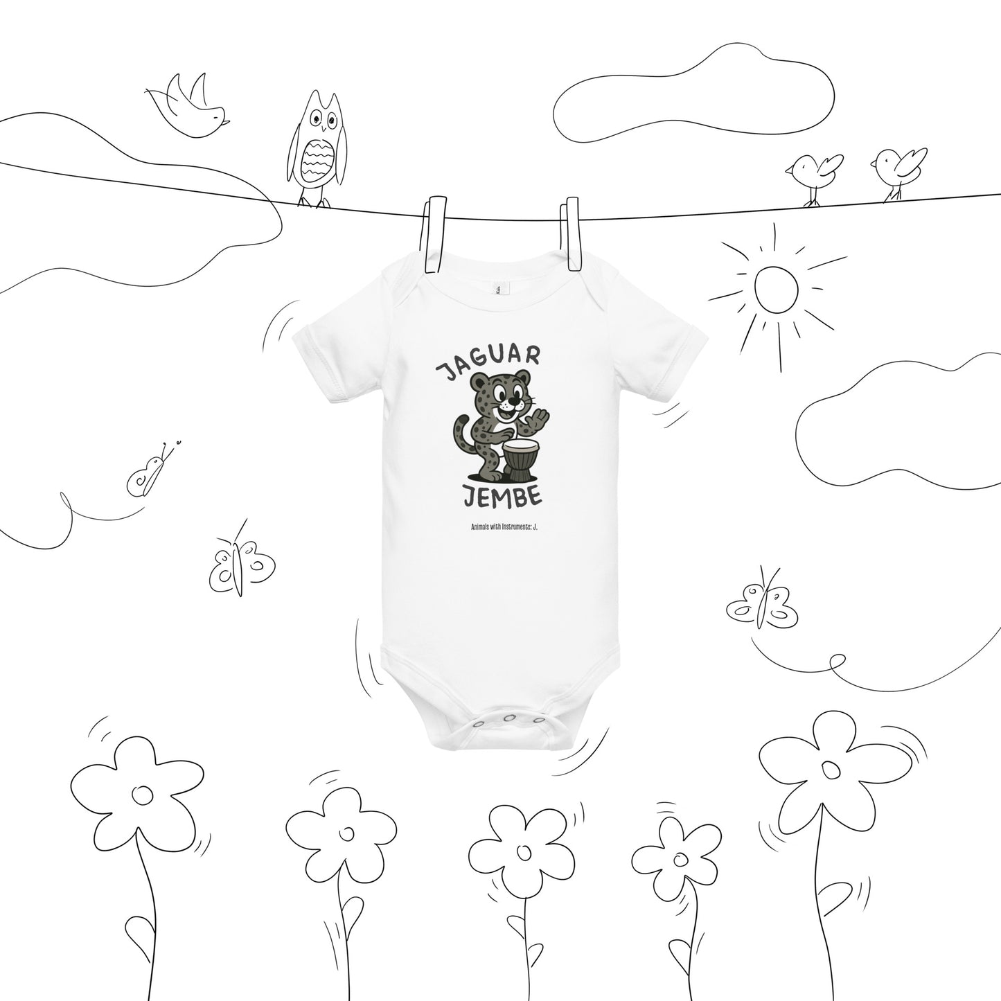 Jaguar / Jembe -- "Animals with Instruments" Baby One-piece