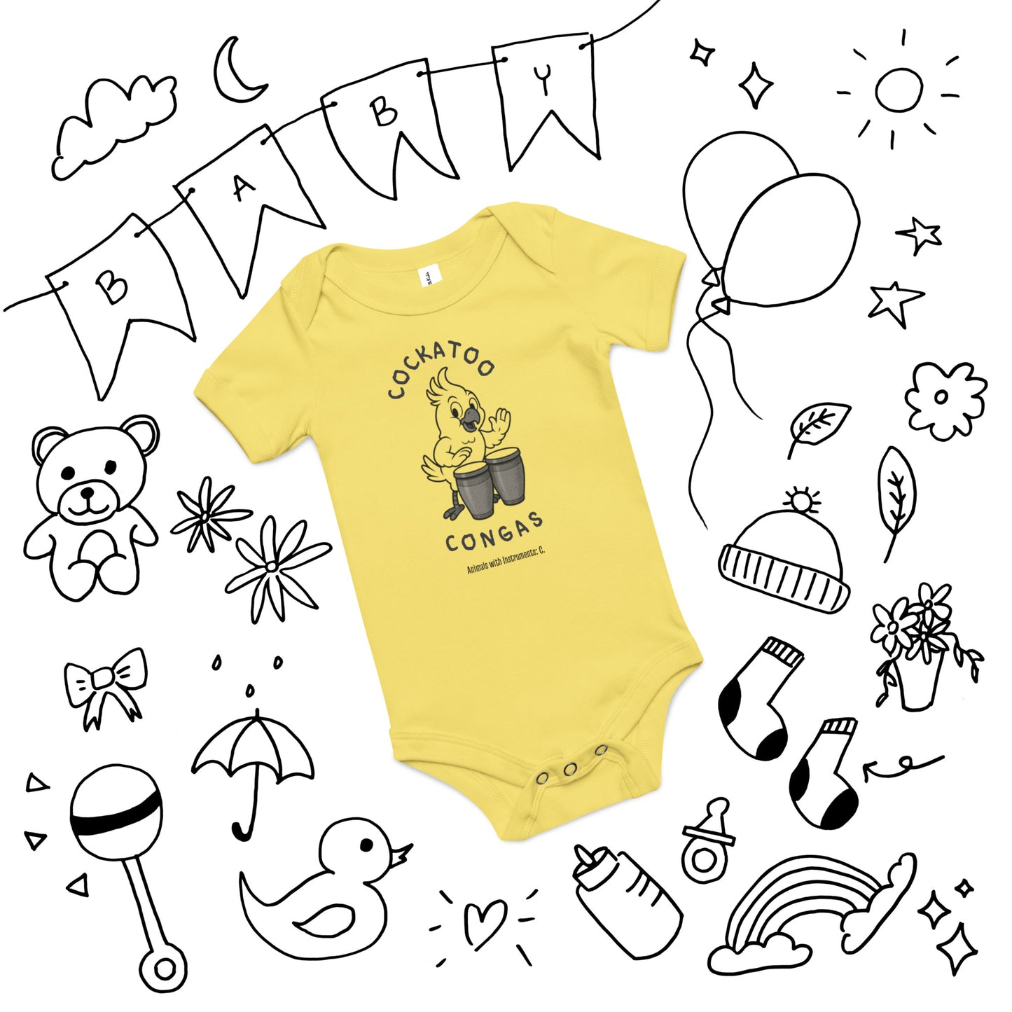 Cockatoo / Congas -- "Animals with Instruments" Baby One-piece