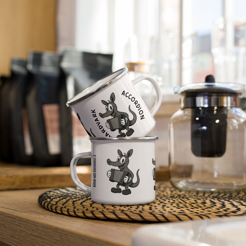 Aardvark / Accordion -- "Animals with Instruments" Enamel Mug, 12 oz