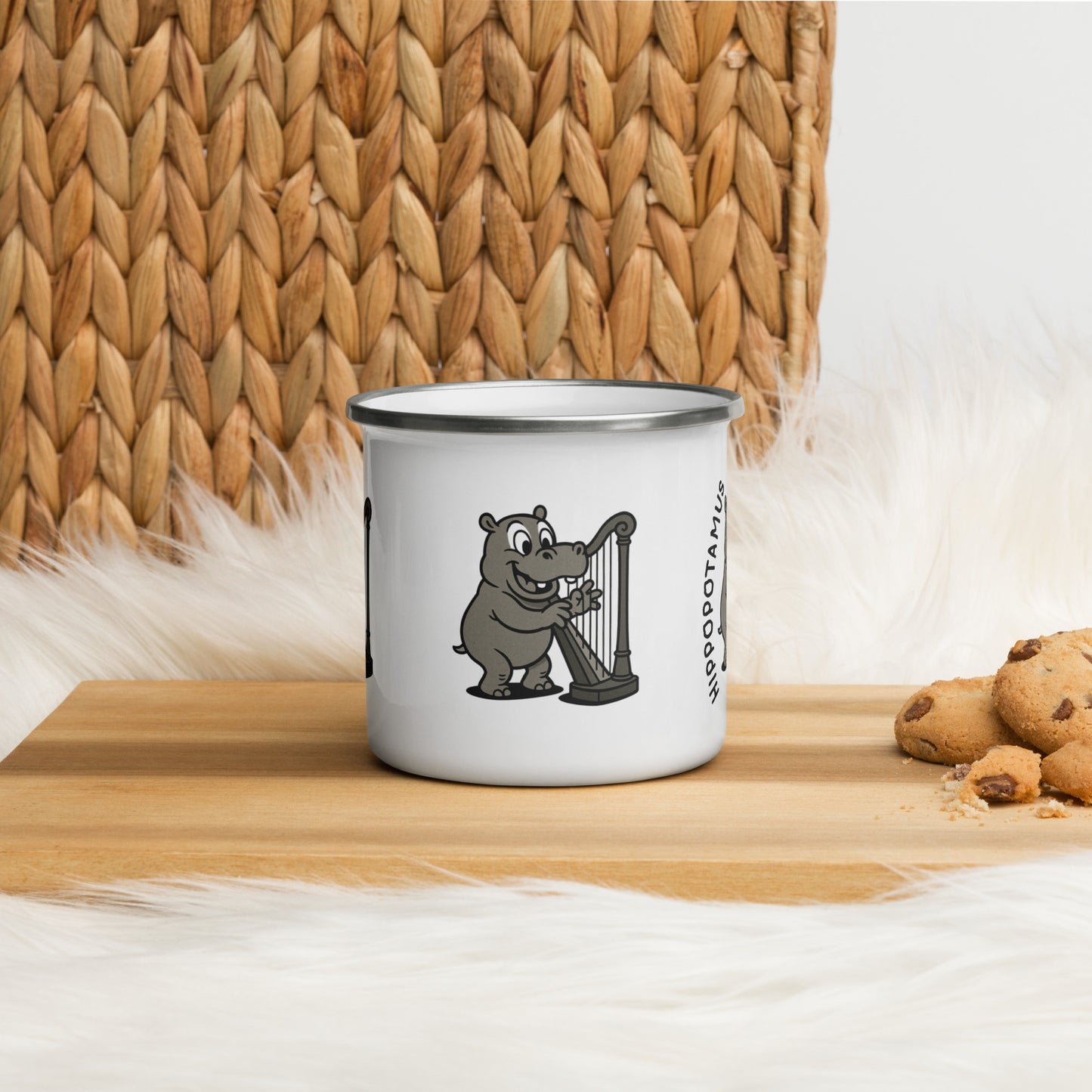 Hippopotamus / Harp -- "Animals with Instruments" Enamel Mug, 12 oz
