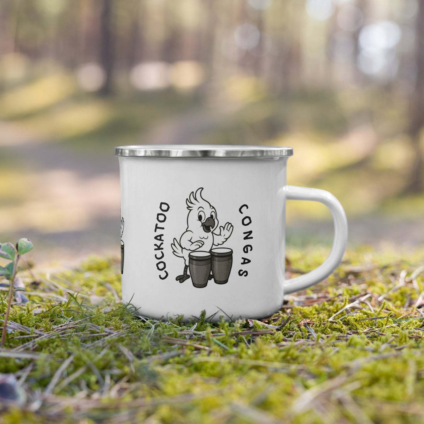 Cockatoo / Congas -- "Animals with Instruments" Enamel Mug, 12 oz