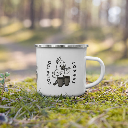 Cockatoo / Congas -- "Animals with Instruments" Enamel Mug, 12 oz