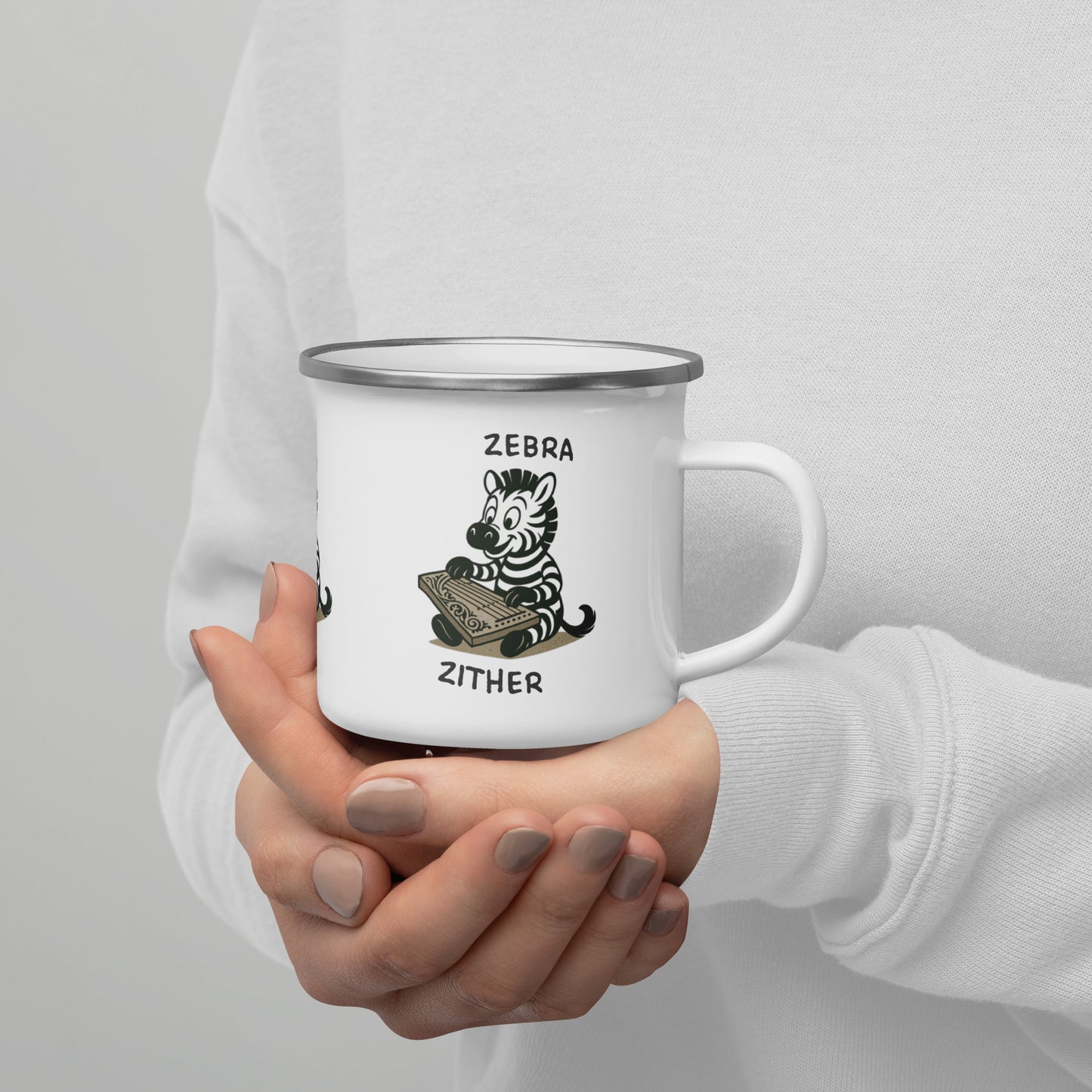 Zebra / Zither -- "Animals with Instruments" Enamel Mug, 12 oz