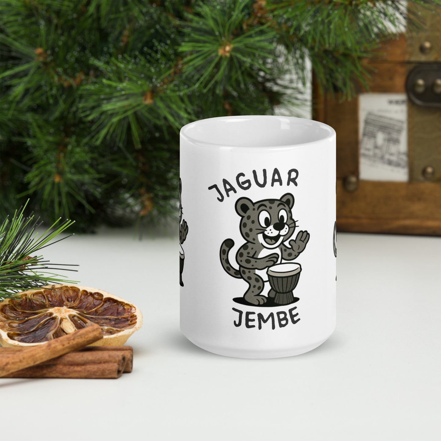 Jaguar / Jembe -- "Animals with Instruments" Ceramic Mug, 15 oz
