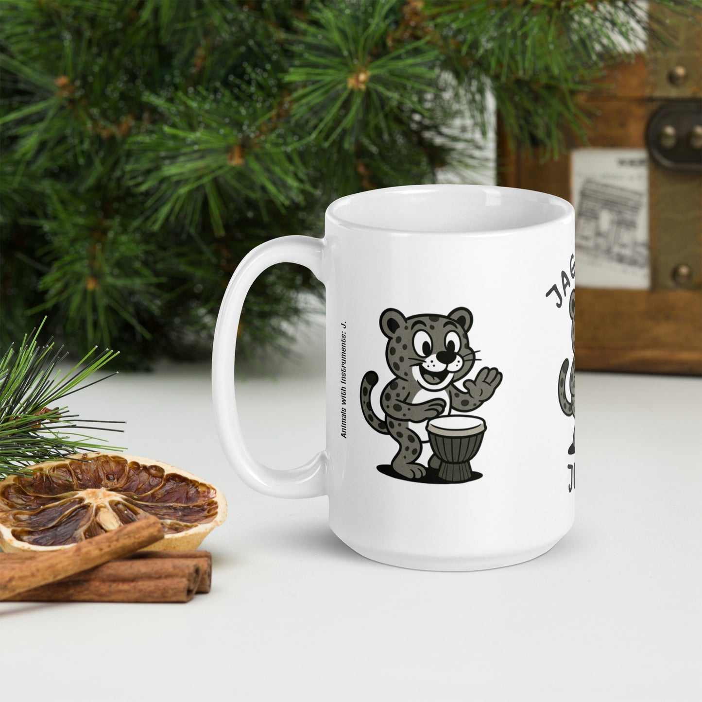 Jaguar / Jembe -- "Animals with Instruments" Ceramic Mug, 15 oz
