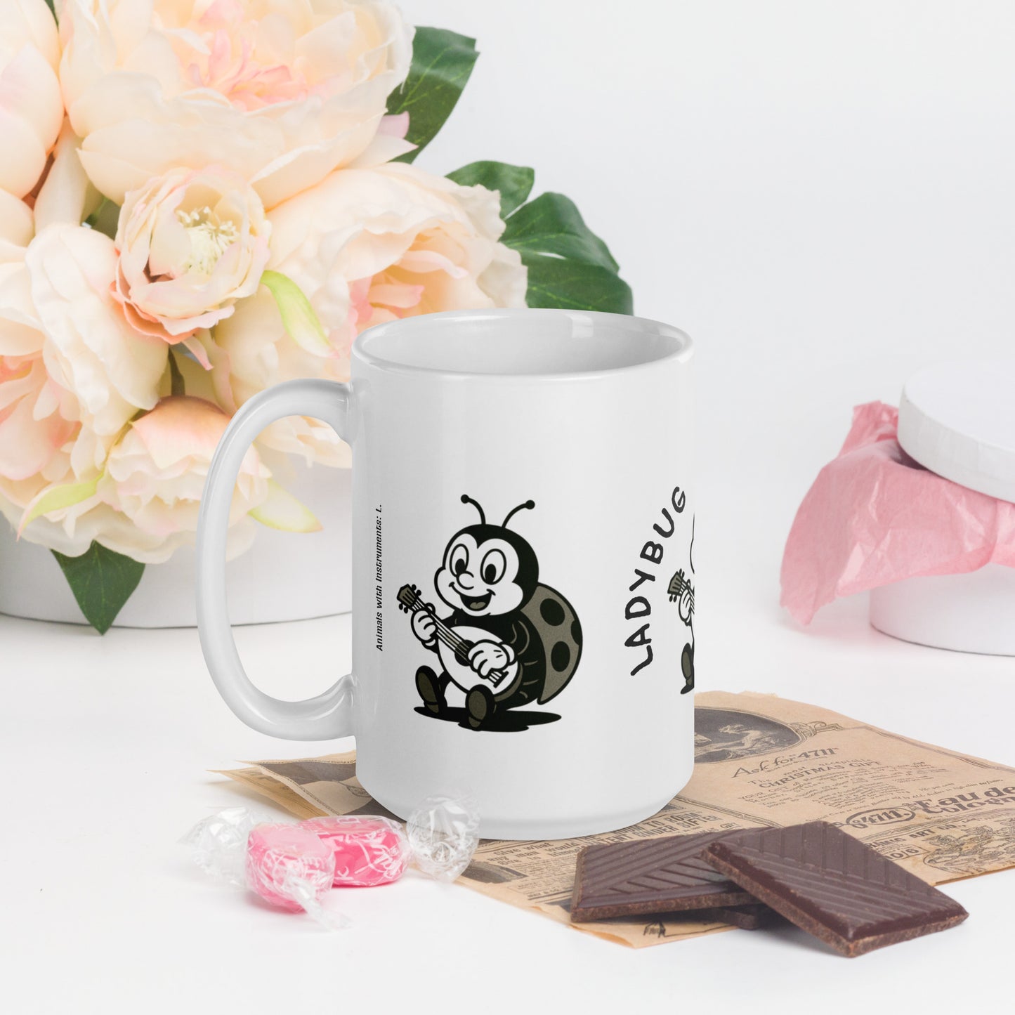 Ladybug / Lute -- "Animals with Instruments" Ceramic Mug, 15 oz
