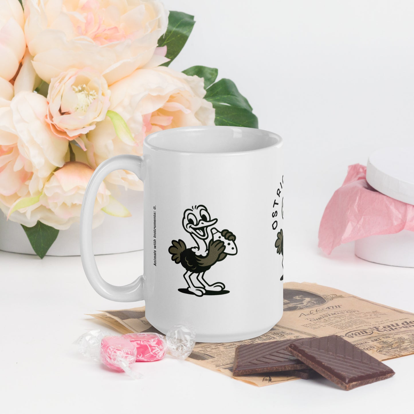 Ostrich / Ocarina -- "Animals with Instruments" Ceramic Mug, 15 oz
