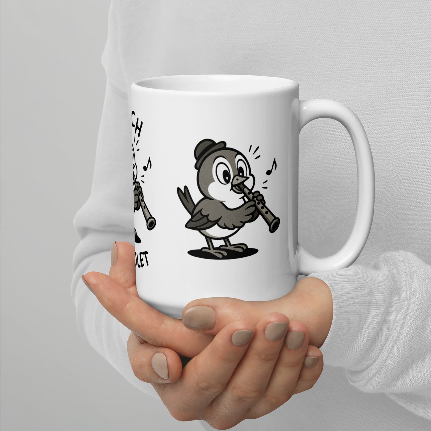 Finch / Flageolet -- "Animals with Instruments" Ceramic Mug, 15 oz