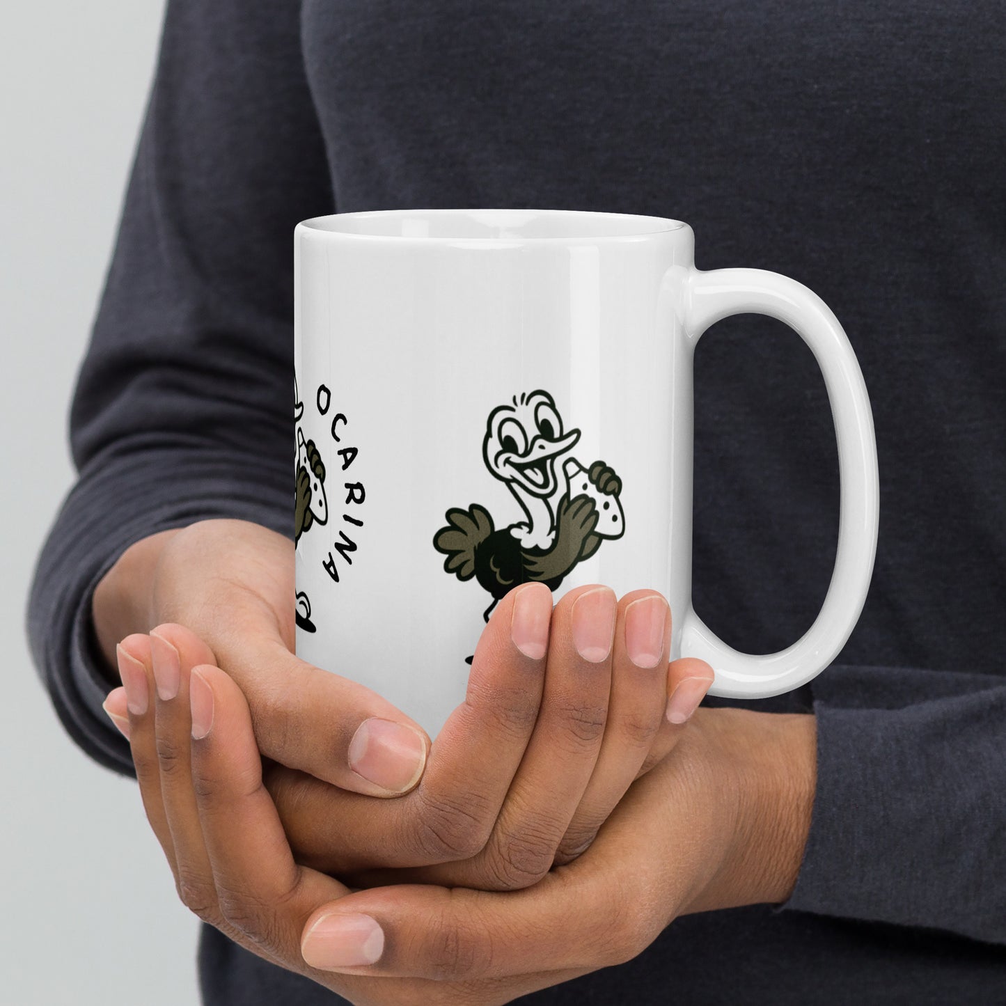 Ostrich / Ocarina -- "Animals with Instruments" Ceramic Mug, 15 oz